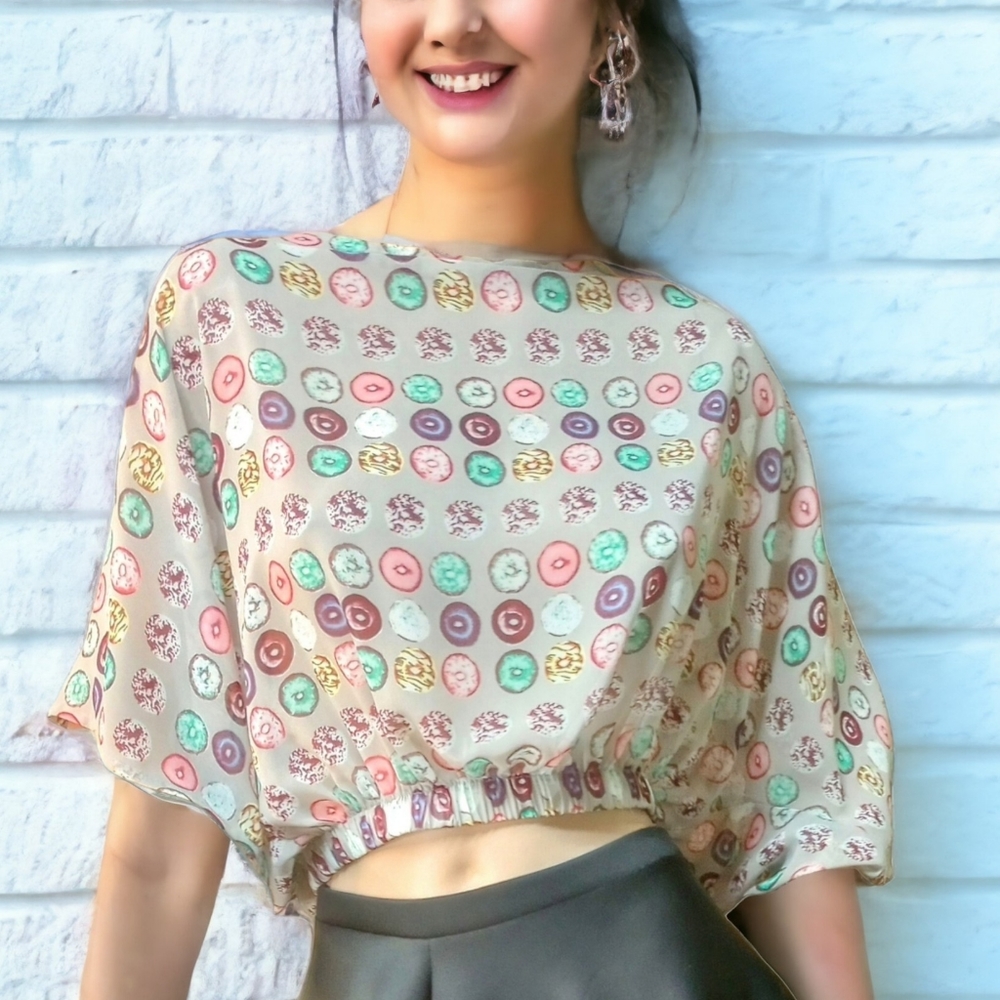 Jibri Sheer Donuts! Transparently Sweet Midriff Elastic Waist Chiffon Crop Top